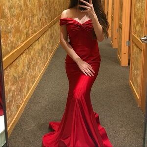 Red silk mermaid prom dress off the shoulder with flowy bottom